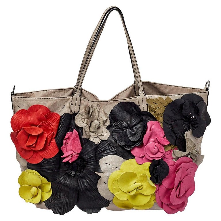 Valentino Grey Leather Floral Applique Tote For Sale at 1stDibs