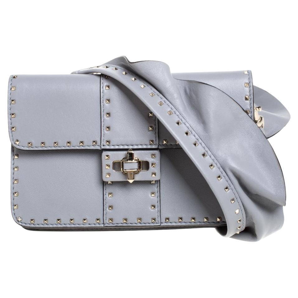 Valentino Grey Leather Mini Rockstud Ruffle Strap Bag