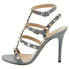Used Valentino Grey Leather Rockstud Ankle Strap Sandals Size 36