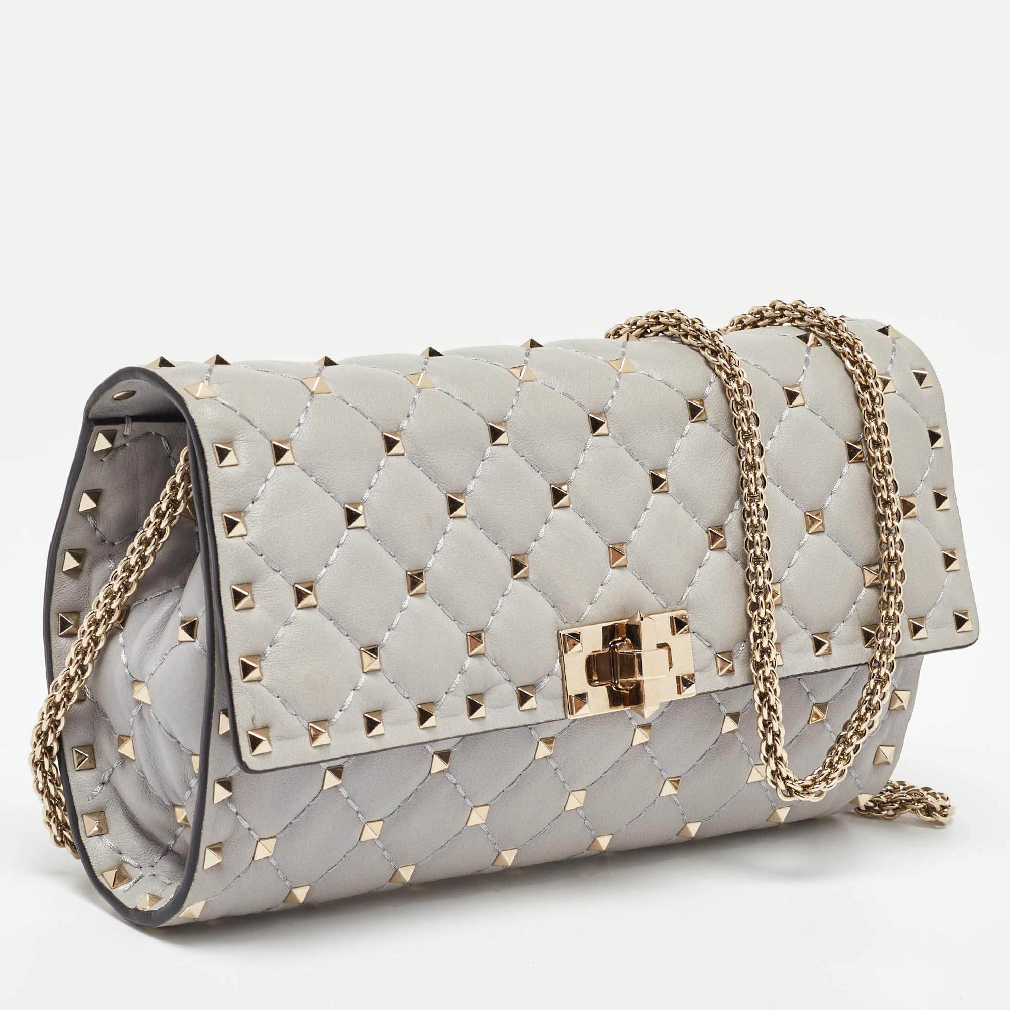 Gray Valentino Grey Leather Rockstud Spike Chain Shoulder Bag For Sale
