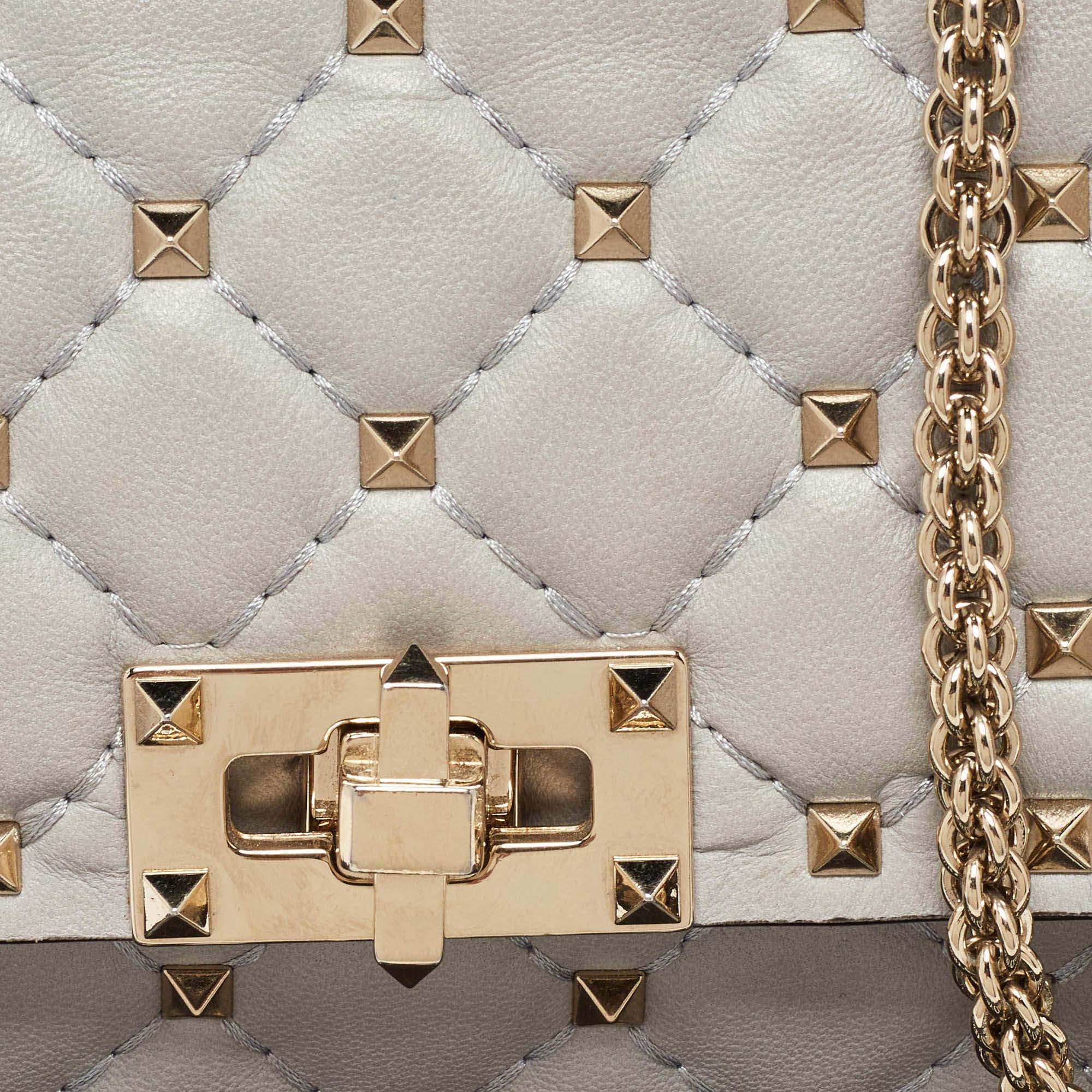 Women's Valentino Grey Leather Rockstud Spike Chain Shoulder Bag For Sale