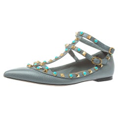 Valentino Grey Leather Rolling Rockstud Ankle Strap Ballerina Flats Size 37.5