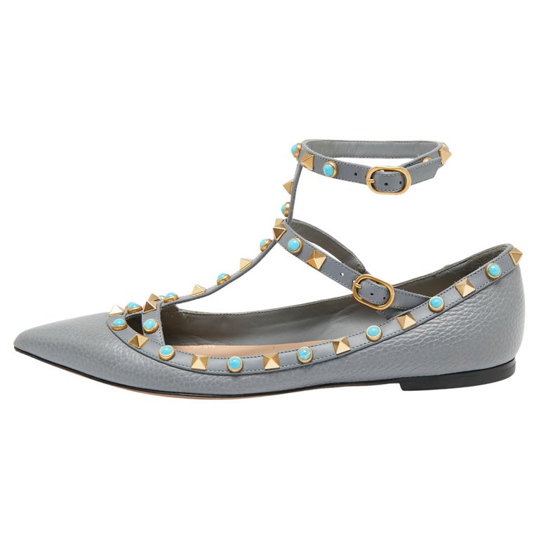 Valentino Grey Leather Rolling Rockstud Ankle-Strap Ballet Flats Size 38.5  For Sale at 1stDibs