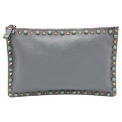 Valentino Grey Leather Rolling Rockstud Zip Pouch