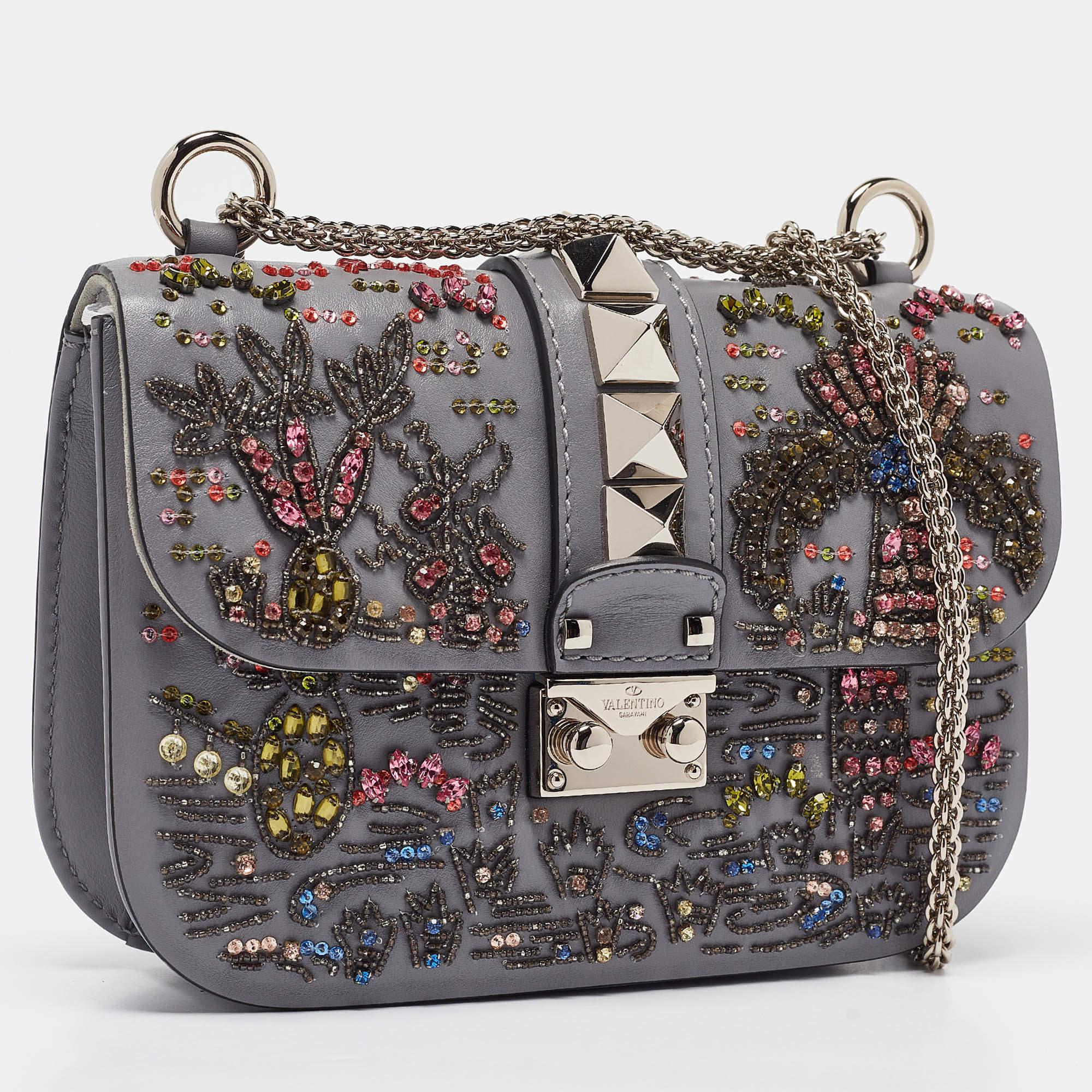 Gray Valentino Grey Leather Small Crystal Embellished Rockstud Glam Lock Flap Bag For Sale