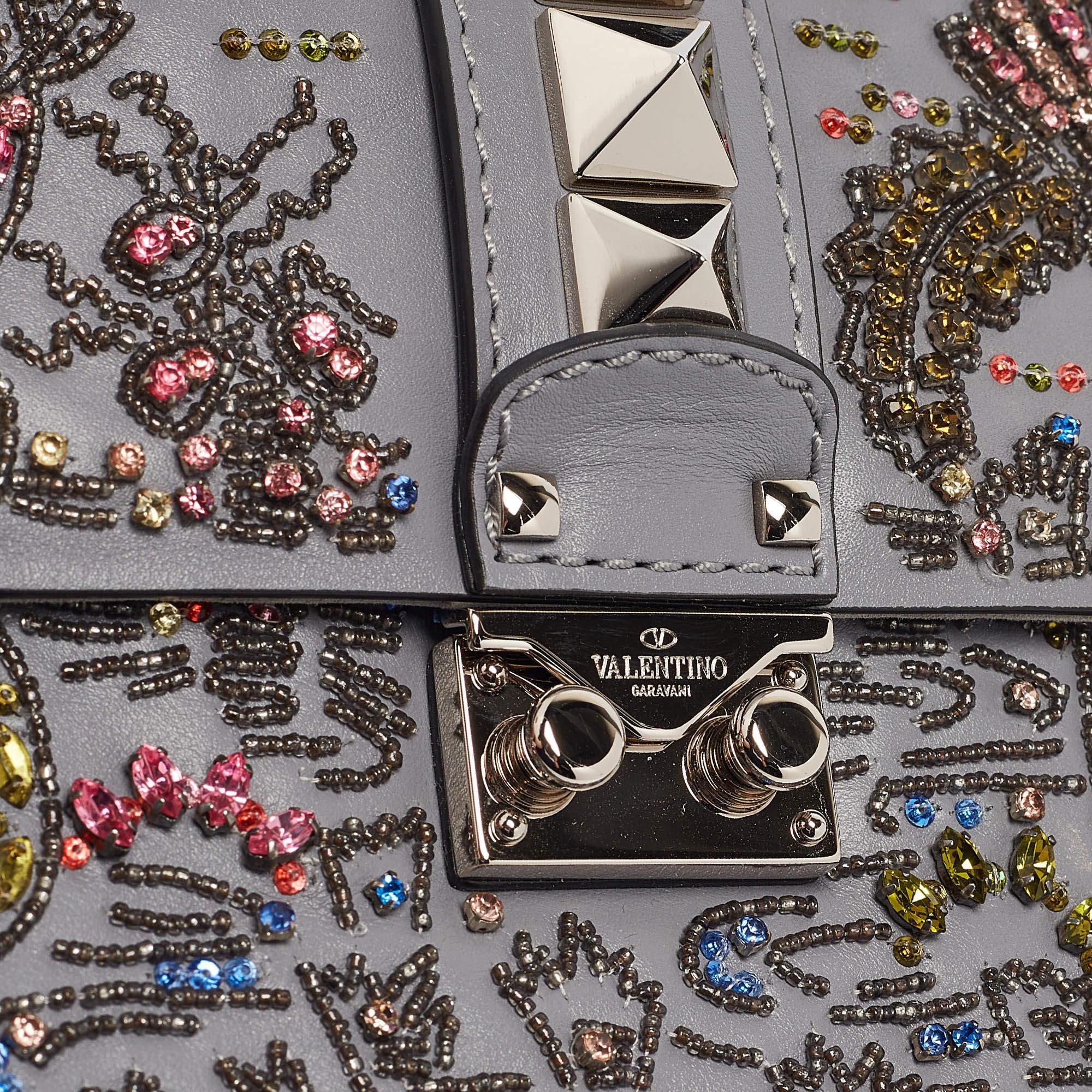 Valentino Grey Leather Small Crystal Embellished Rockstud Glam Lock Flap Bag For Sale 1