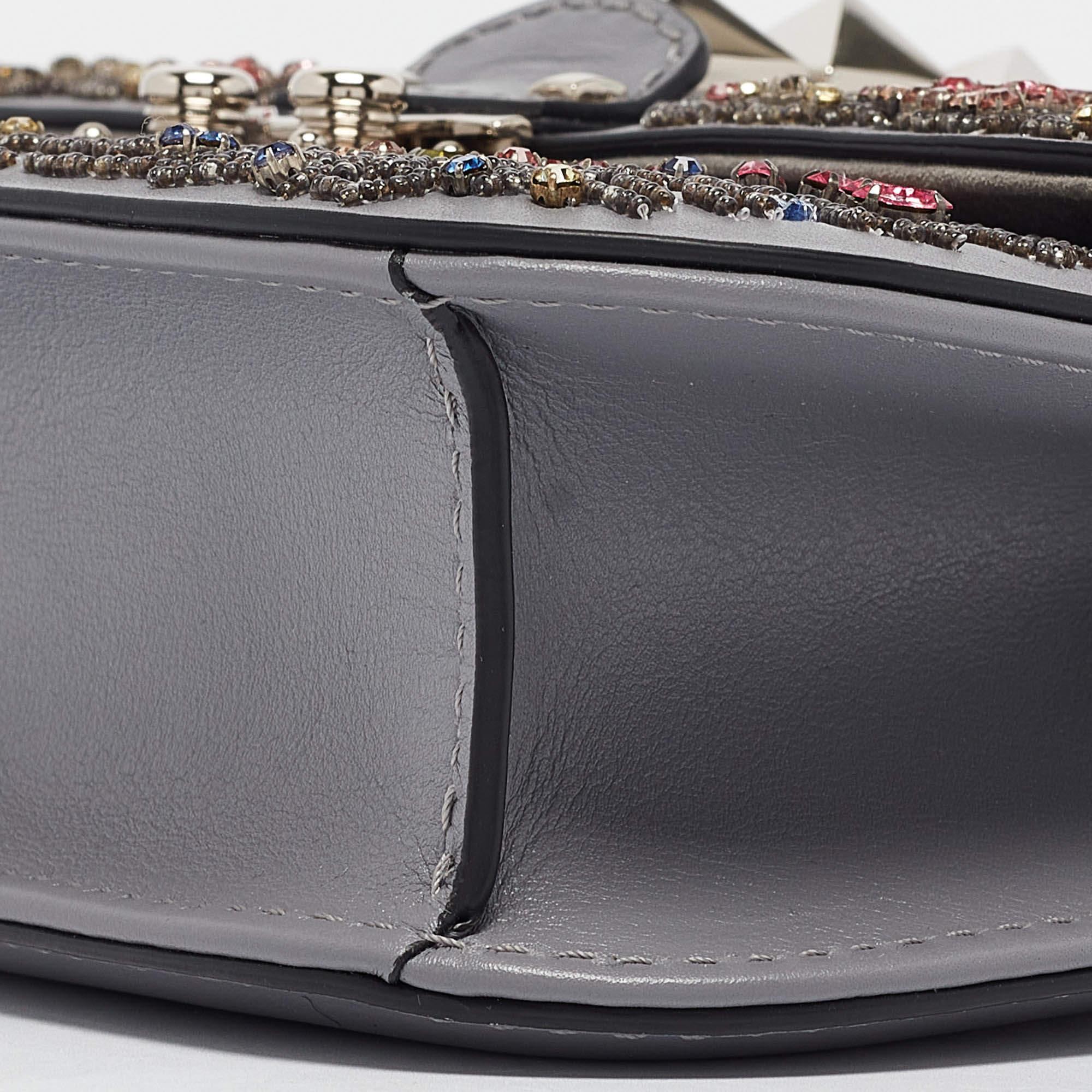 Valentino Grey Leather Small Crystal Embellished Rockstud Glam Lock Flap Bag For Sale 4