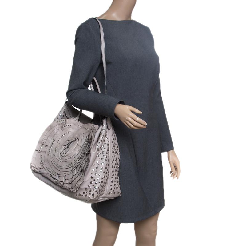Beige Valentino Grey Leather XL Petale Rose Studded Tote