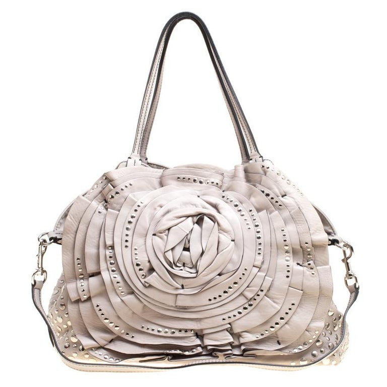 Valentino Grey Leather XL Petale Rose Studded Tote For Sale at 1stDibs