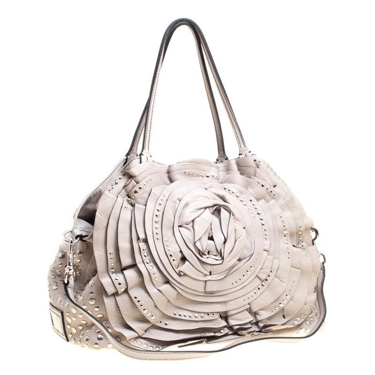 Valentino Grey Leather XL Petale Rose Studded Tote For Sale at 1stDibs