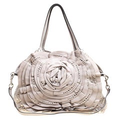 Valentino Grey Leather XL Petale Rose Studded Tote