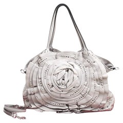 Valentino Grey Leather XL Petale Rose Studded Tote