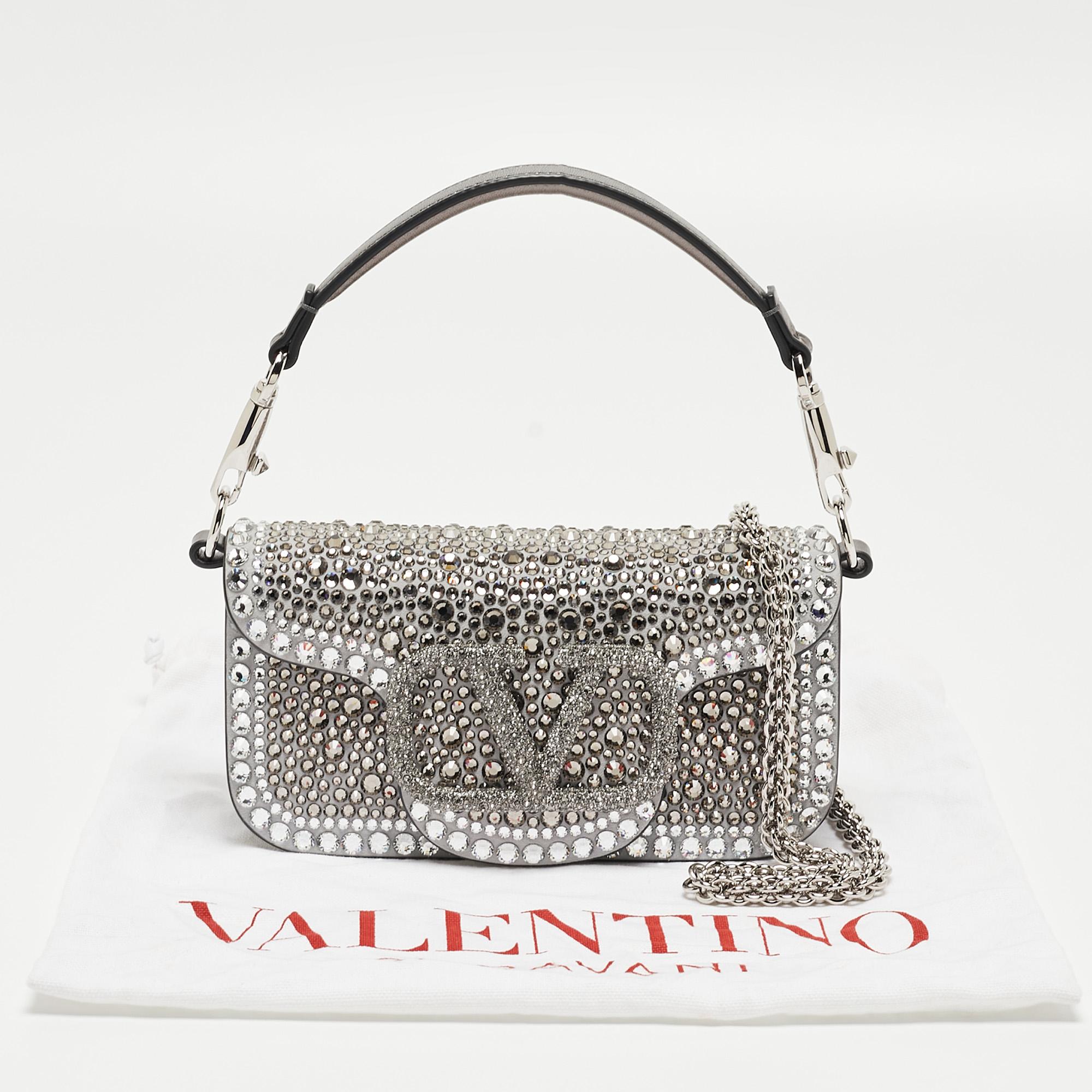 Valentino Grey/Metallic Suede and Leather Crystals VLogo Loco Baguette Bag 6