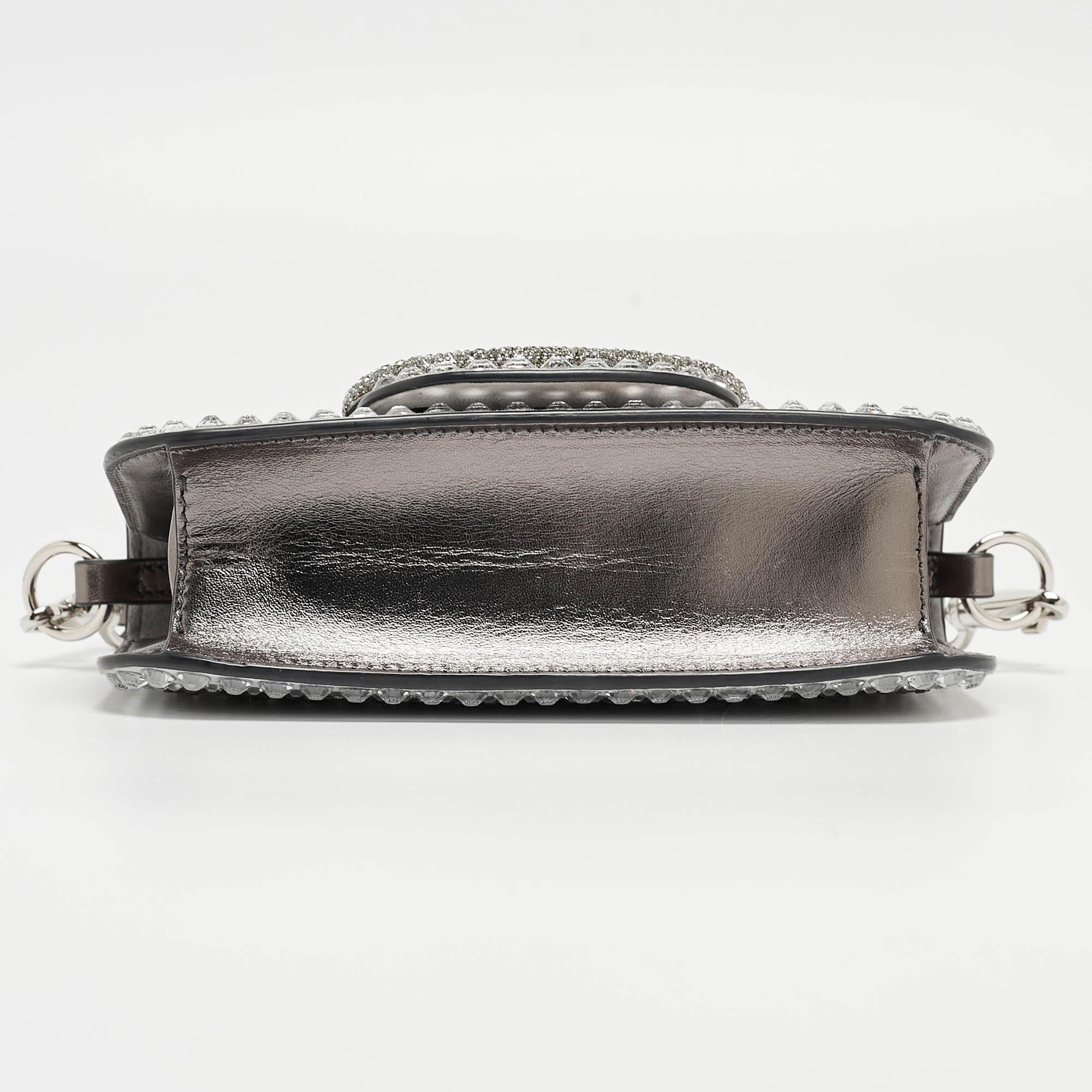 Women's Valentino Grey/Metallic Suede and Leather Crystals VLogo Loco Baguette Bag