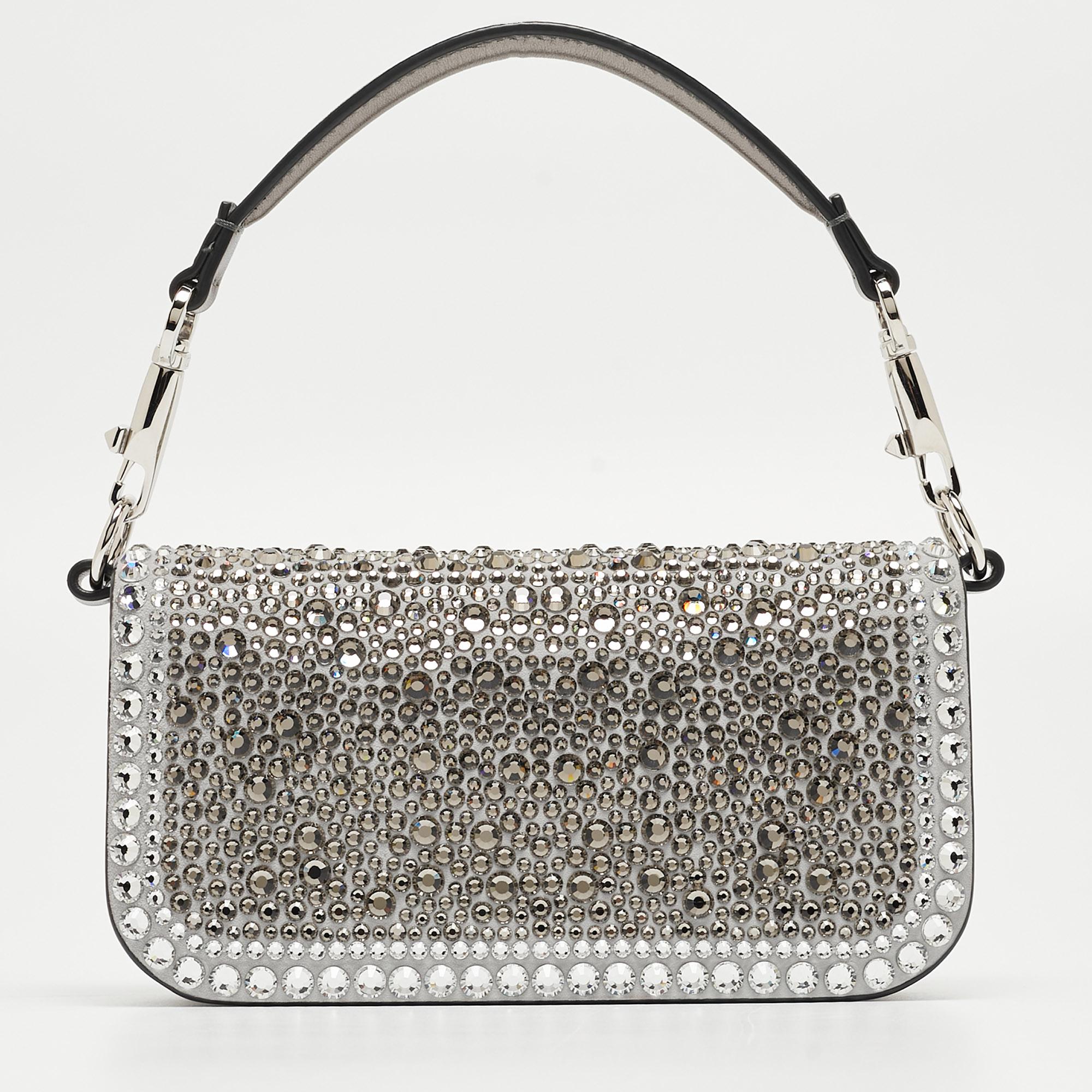 Valentino Grey/Metallic Suede and Leather Crystals VLogo Loco Baguette Bag 3