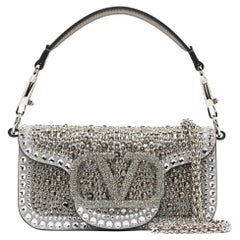 Valentino Grey/Metallic Suede and Leather Crystals VLogo Loco Baguette Bag