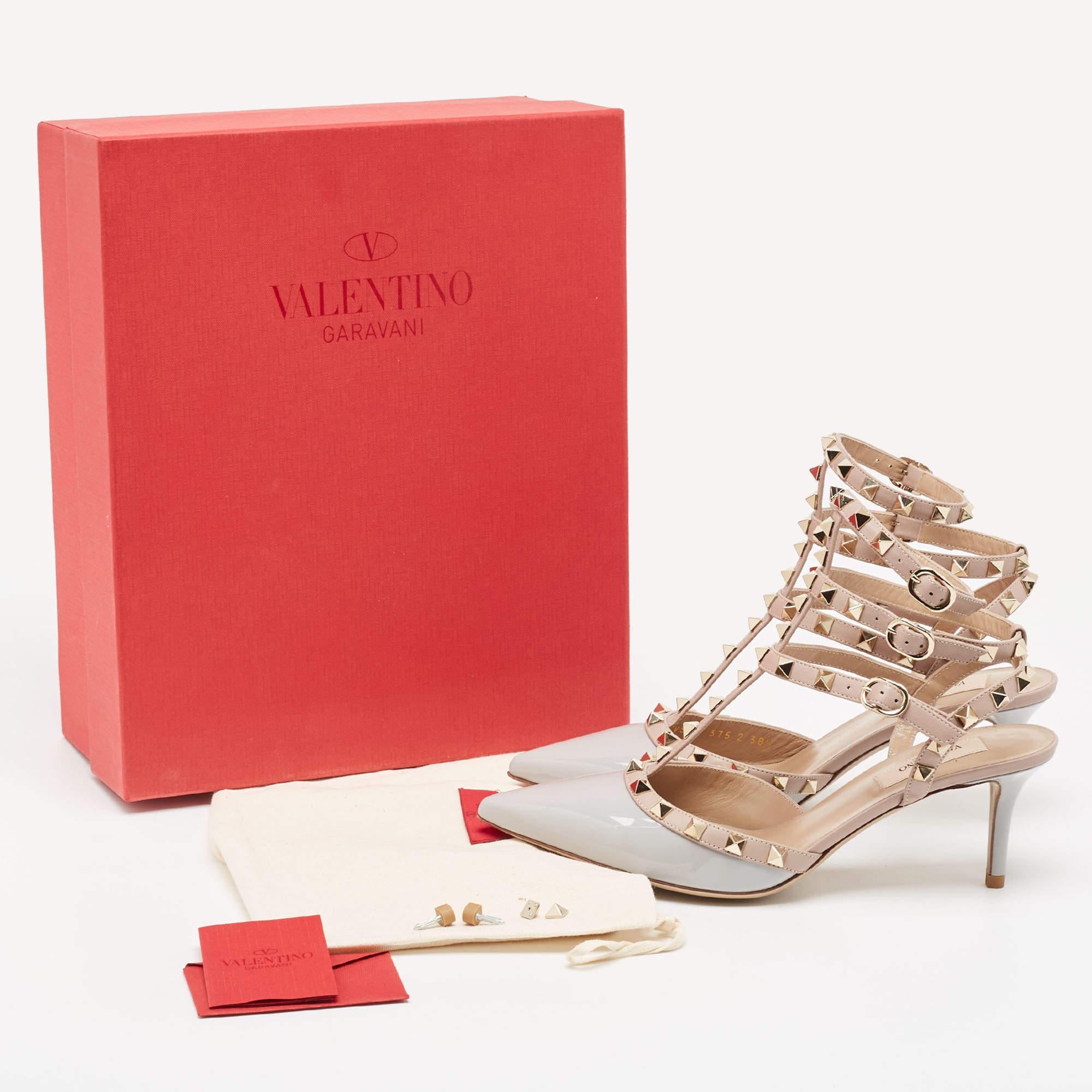 Valentino Grey Patent Leather Rockstud Ankle Strap Pumps Size 38.5 5