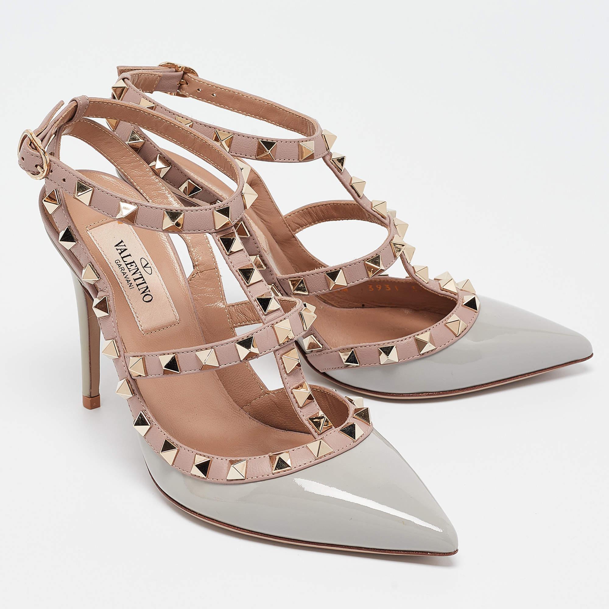 Valentino Grey/Pink Leather and Patent Rockstud Ankle-Strap Pumps Size 35 For Sale 2