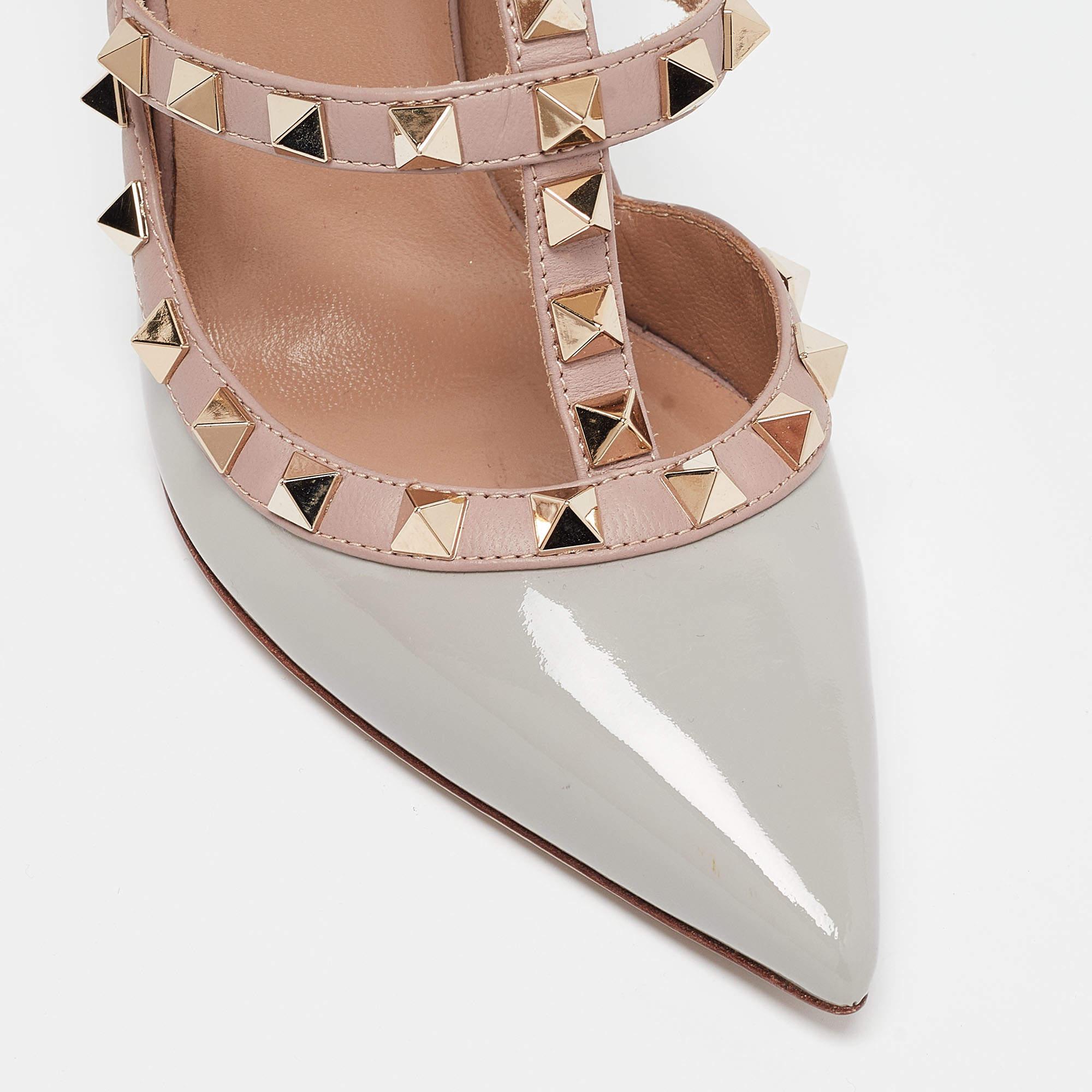 Valentino Grey/Pink Leather and Patent Rockstud Ankle-Strap Pumps Size 35 For Sale 3