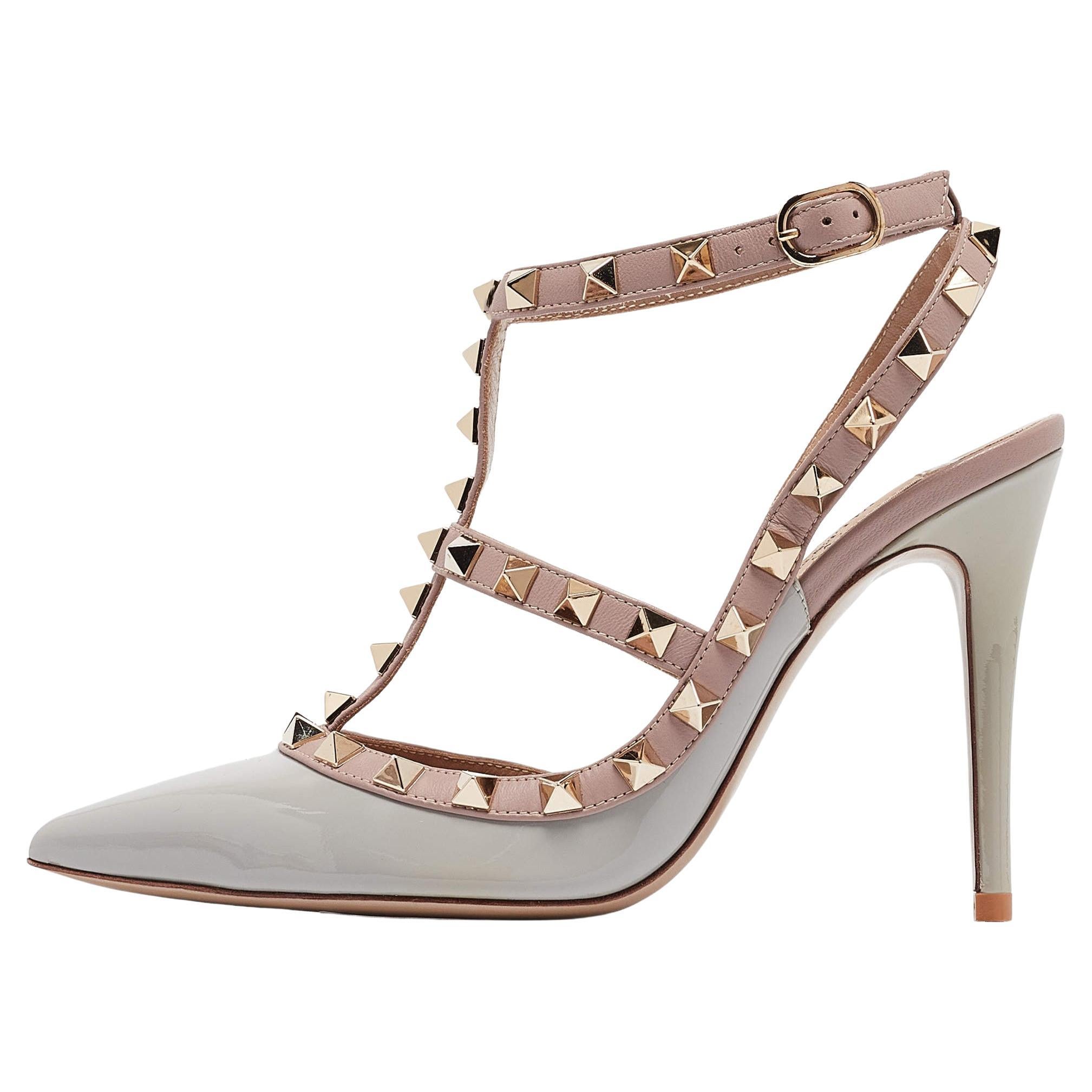 Valentino Grey/Pink Leather and Patent Rockstud Ankle-Strap Pumps Size 35 For Sale