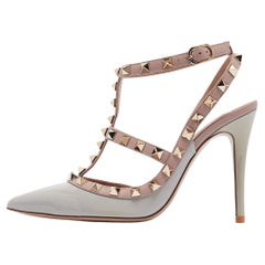 Used Valentino Grey/Pink Leather and Patent Rockstud Ankle-Strap Pumps Size 35
