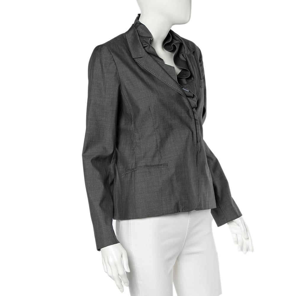 Black Valentino Grey Silk Ruffled Neck Button Front Blazer L For Sale