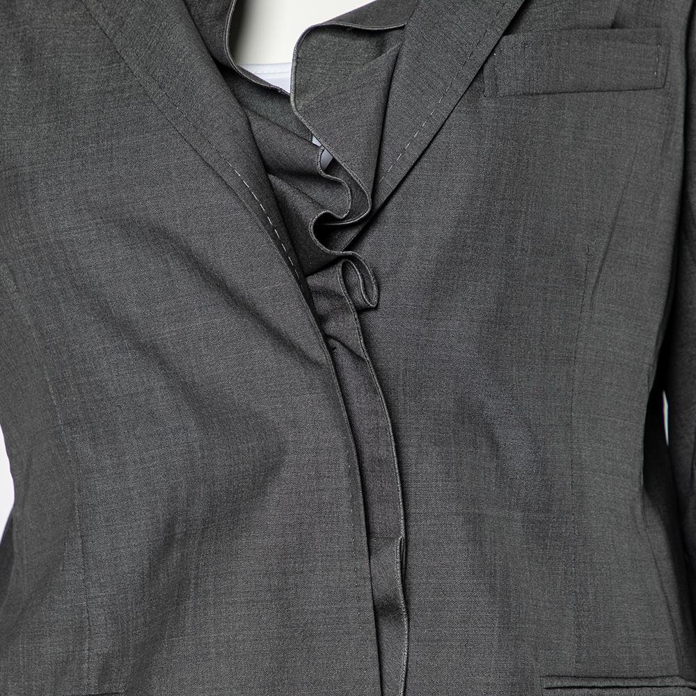 Valentino Grey Silk Ruffled Neck Button Front Blazer L In Excellent Condition For Sale In Dubai, Al Qouz 2
