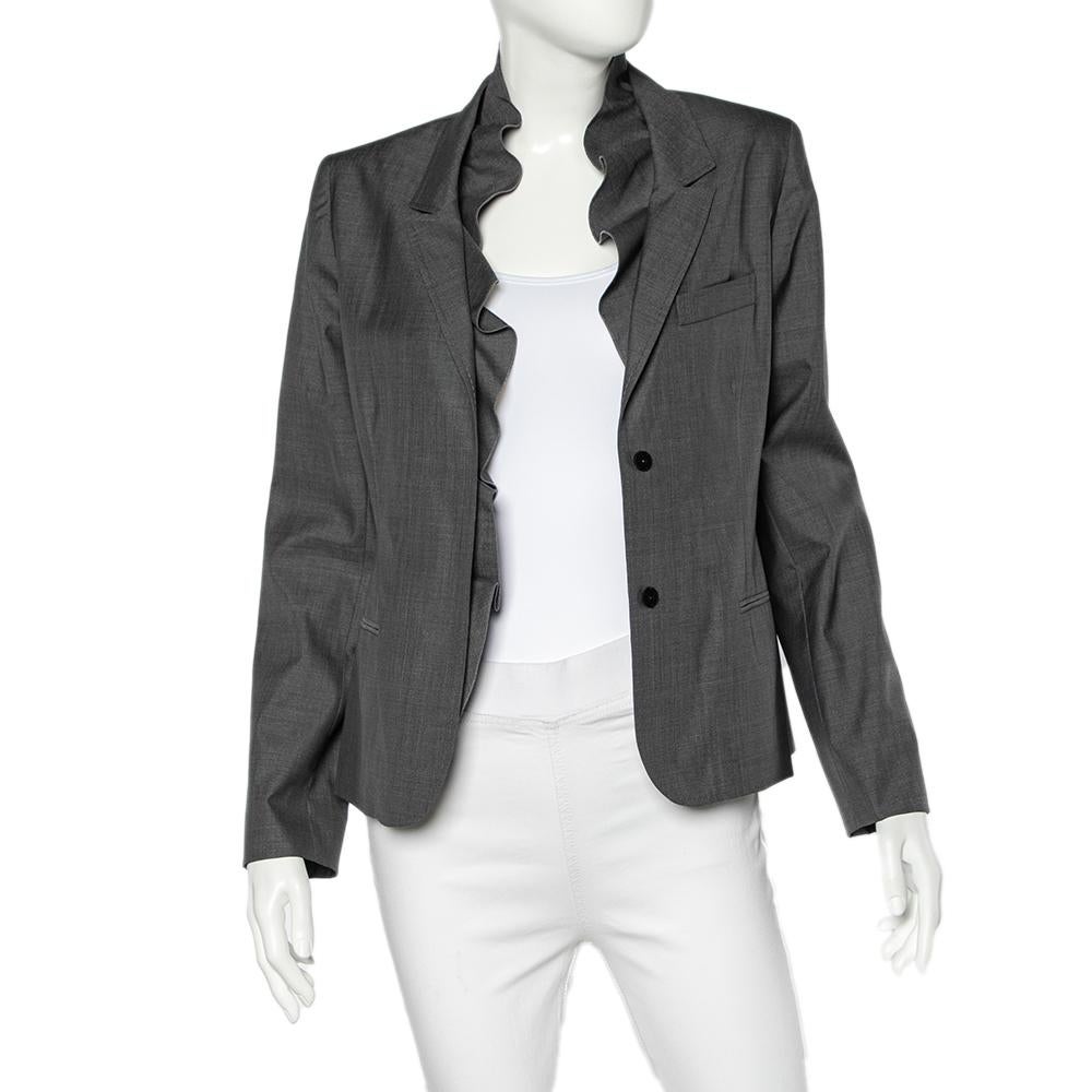 Women's Valentino Grey Silk Ruffled Neck Button Front Blazer L For Sale