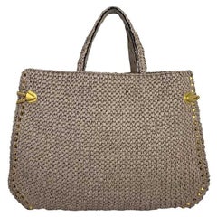 Valentino Grey Straw Gold-Studded Beach Bag