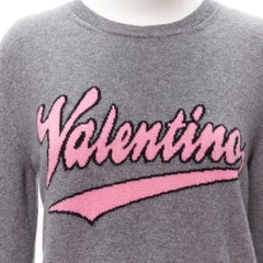 VALENTINO grey virgin wool cashmere pink cursive graphic logo sweater top M