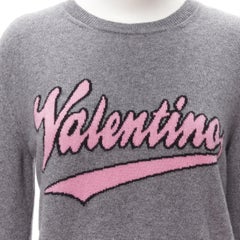 VALENTINO grey virgin wool cashmere pink cursive graphic logo sweater top M