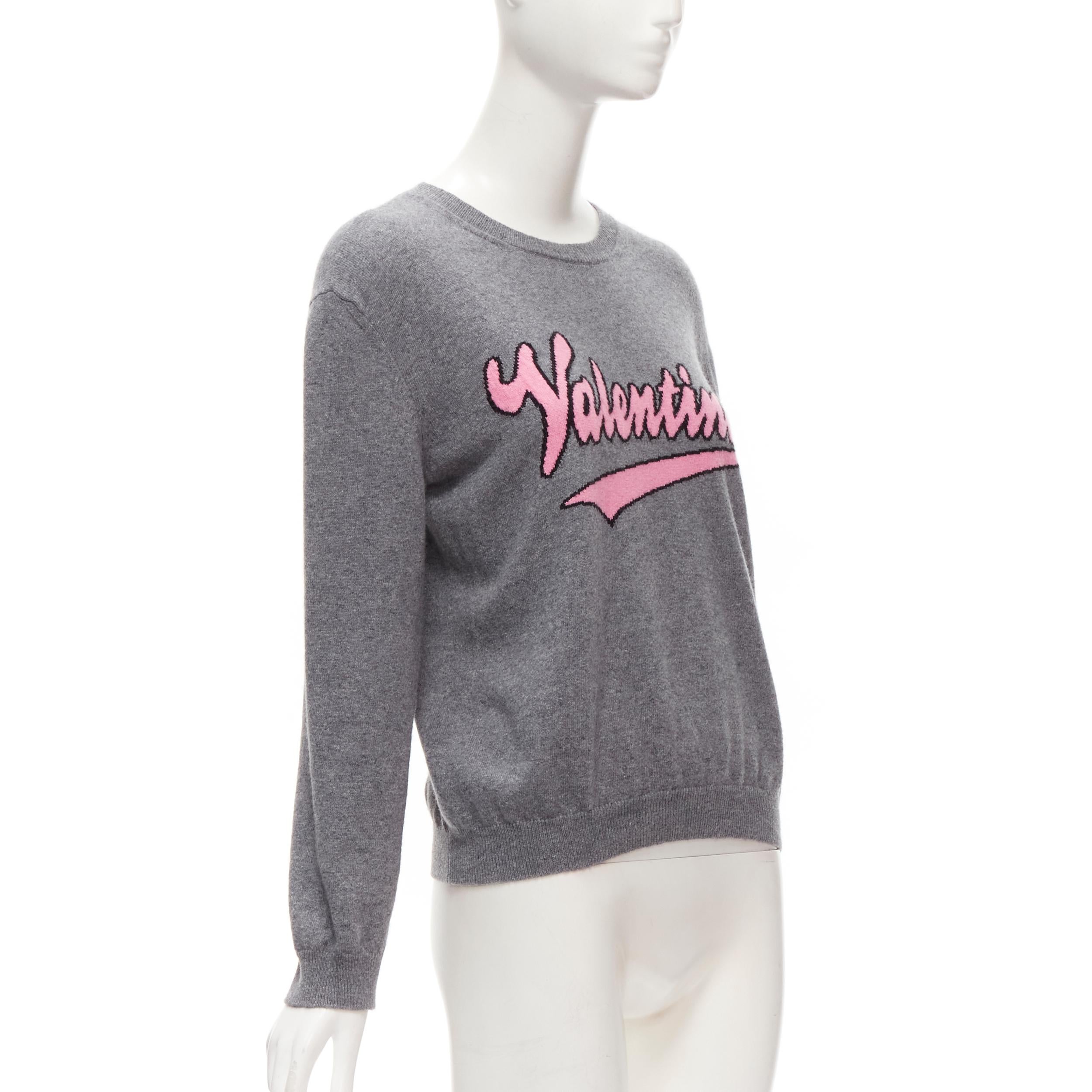Gray VALENTINO grey virgin wool cashmere pink cursive graphic logo sweater top M For Sale