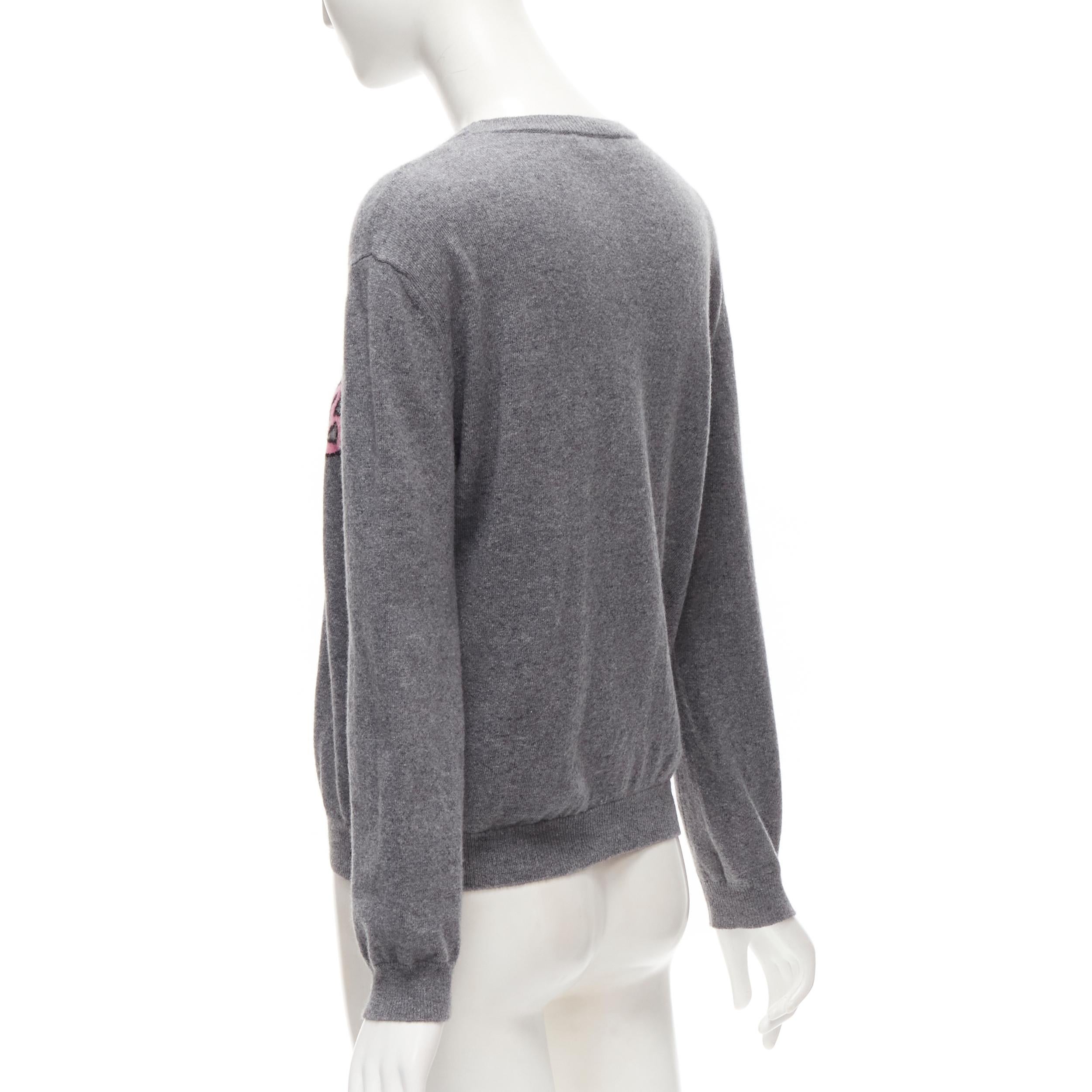 VALENTINO grey virgin wool cashmere pink cursive graphic logo sweater top M For Sale 1