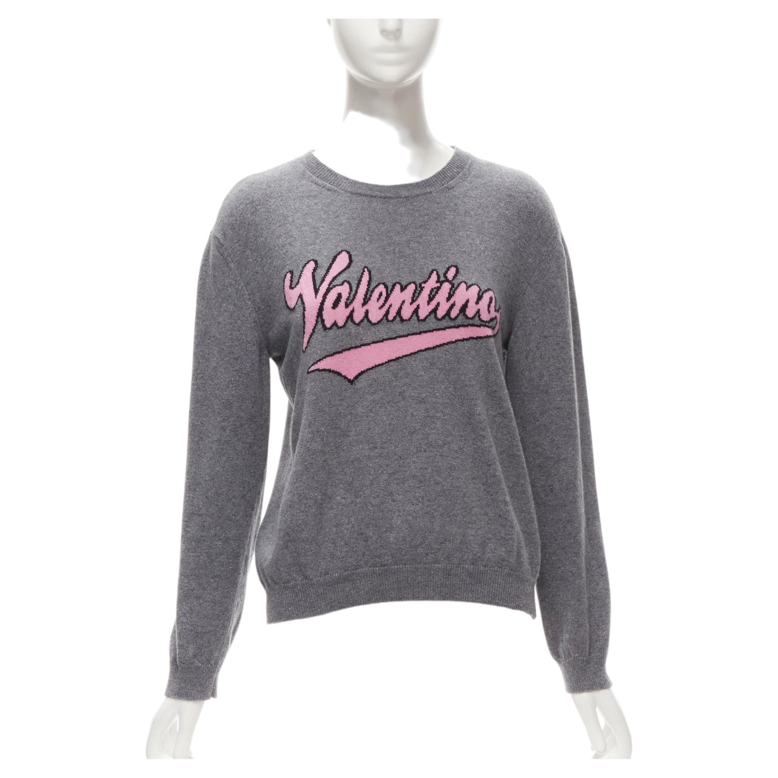 VALENTINO grey virgin wool cashmere pink cursive graphic logo sweater top M