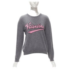 VALENTINO grey virgin wool cashmere pink cursive graphic logo sweater top M