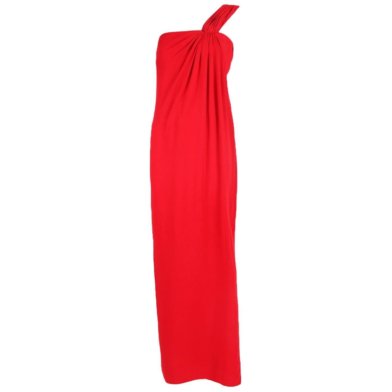 Valentino Haute Couture Red Silk Single Shoulder Column Gown w/Side Slit