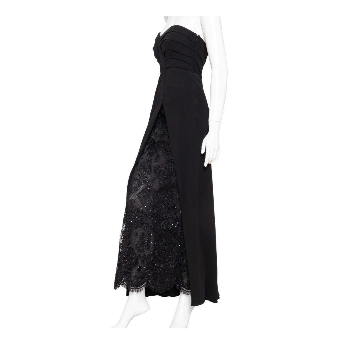 Haute Couture Strapless Silk and Lace Maxi Gown by Valentino
Solid Black
Sweetheart neckline
Draped and pleated bodice
Embroidered and sequin embellished tulle; semi-sheer panel on leg﻿
Beaded fringe on tulle portion
Corset boning with additional