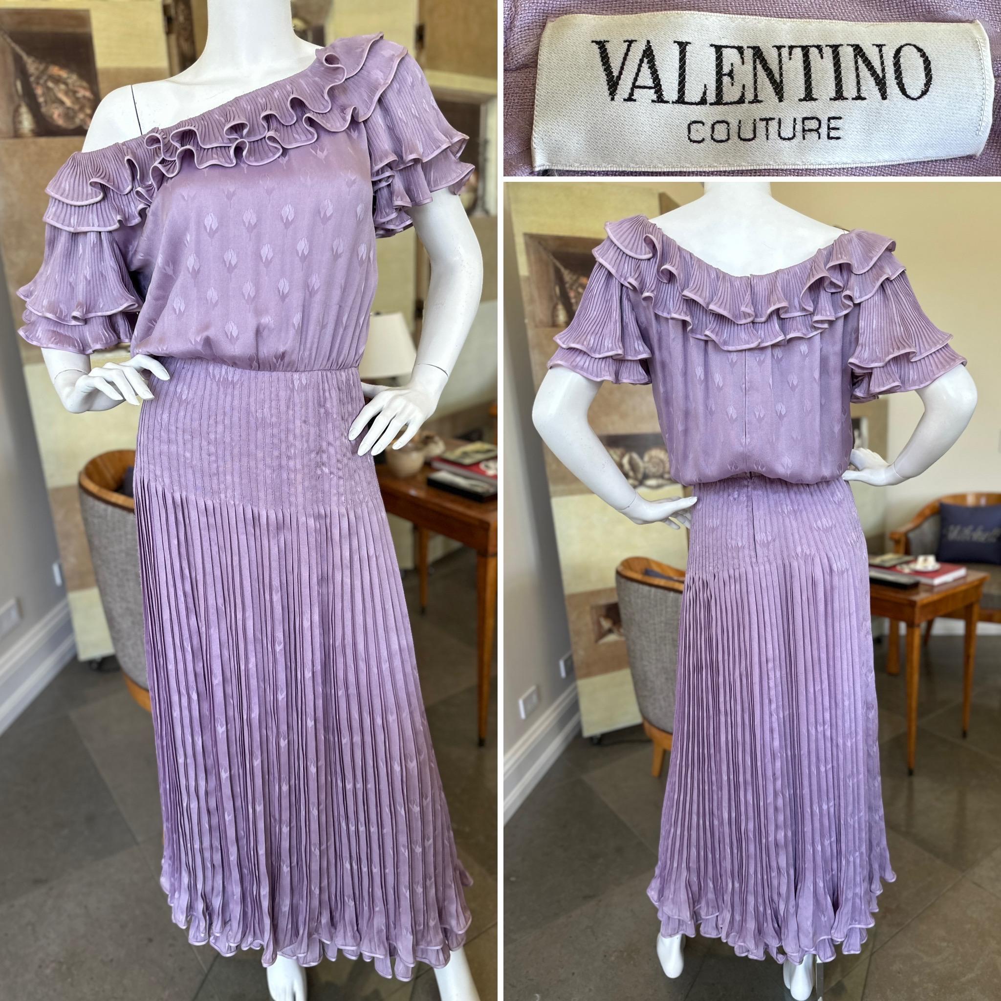 Valentino Haute Couture Vintage Purple Pleated Ruffled Dress.
This is so pretty, with two layers of pleated skirts.
Hand created for original Couture client, I would estimate it to be  size 40 (US8).
  Bust 40