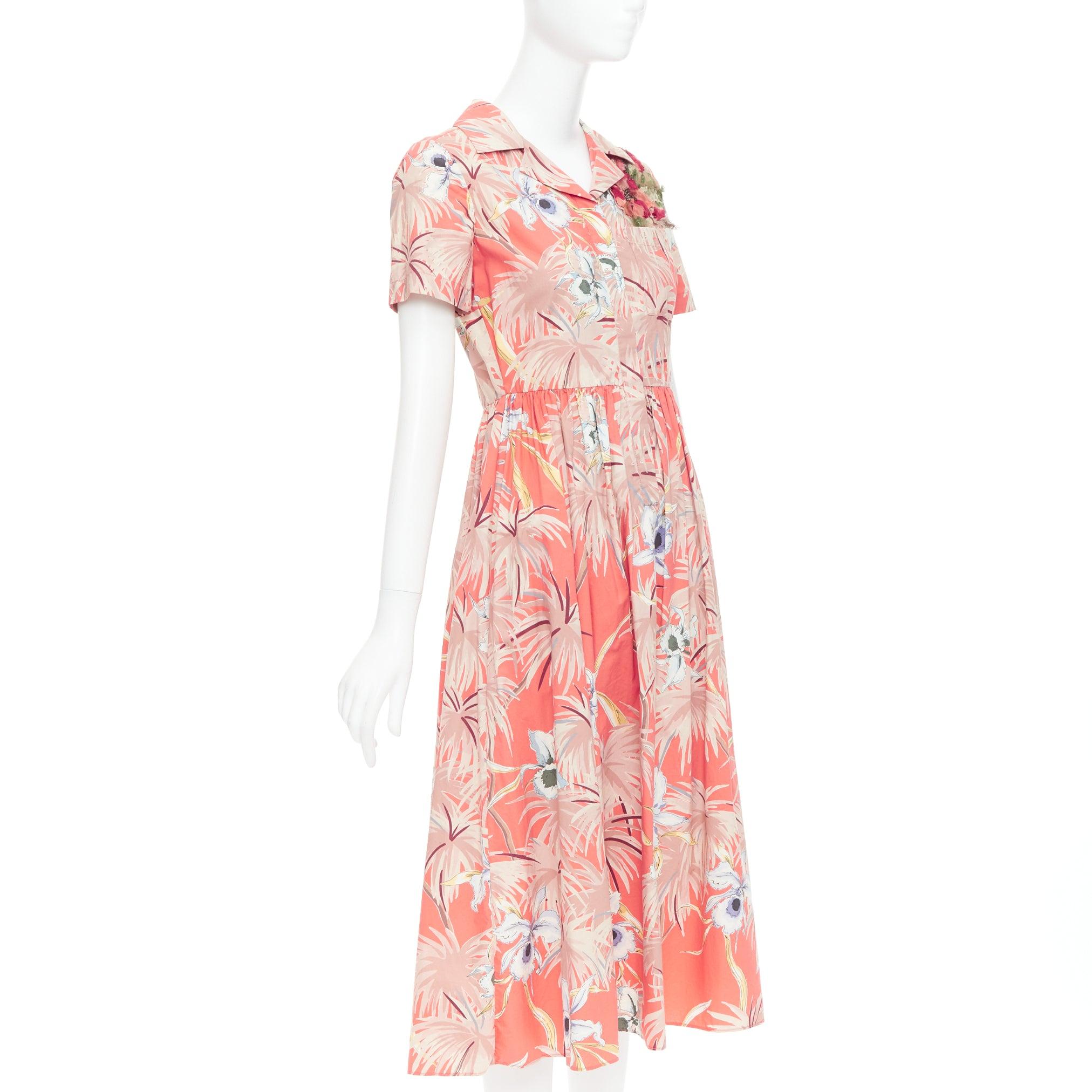 Orange VALENTINO Hawaiian Couture Ruway coral cotton tropical applique shirt dress Sz4 For Sale