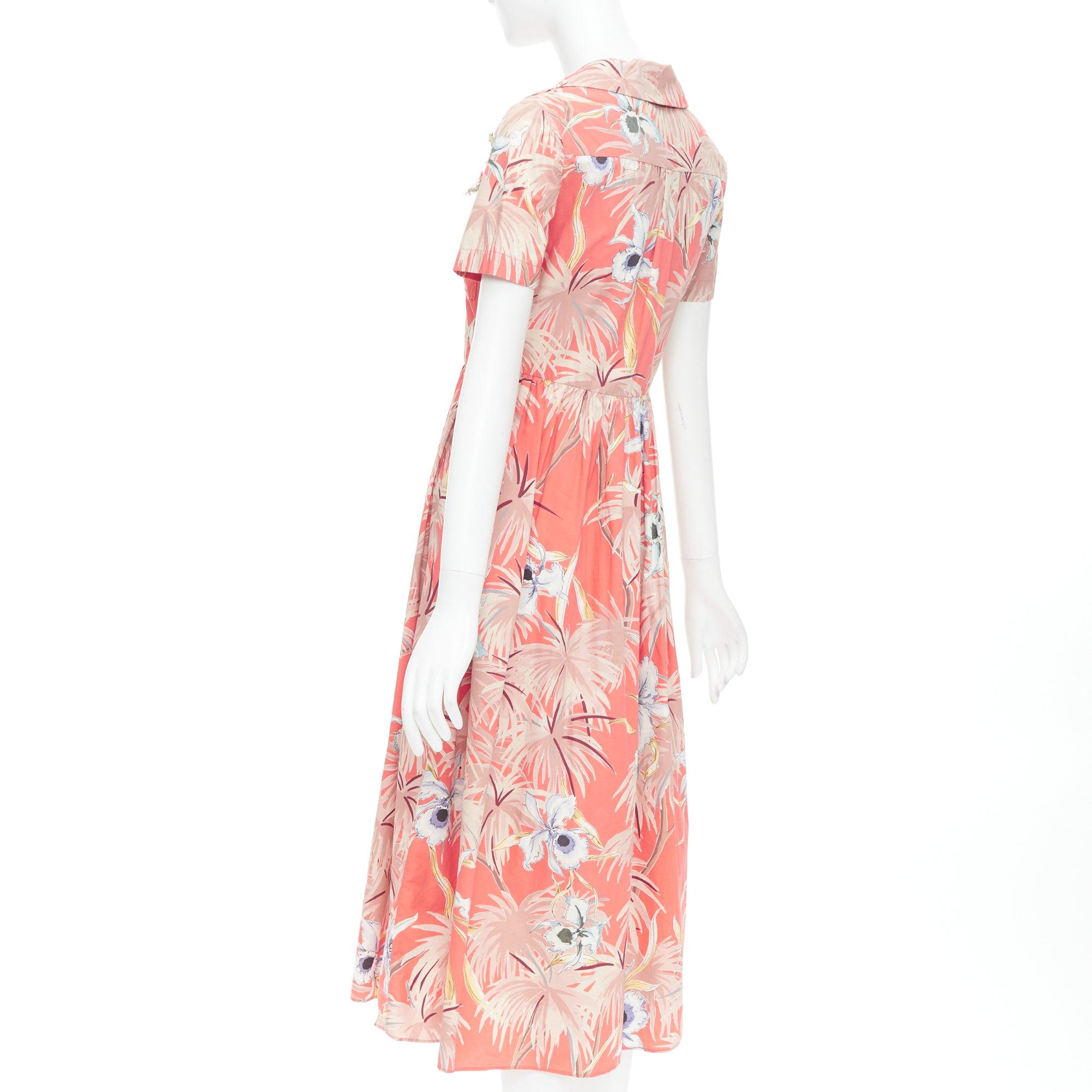 VALENTINO Hawaiian Couture Ruway coral cotton tropical applique shirt dress Sz4 For Sale 2