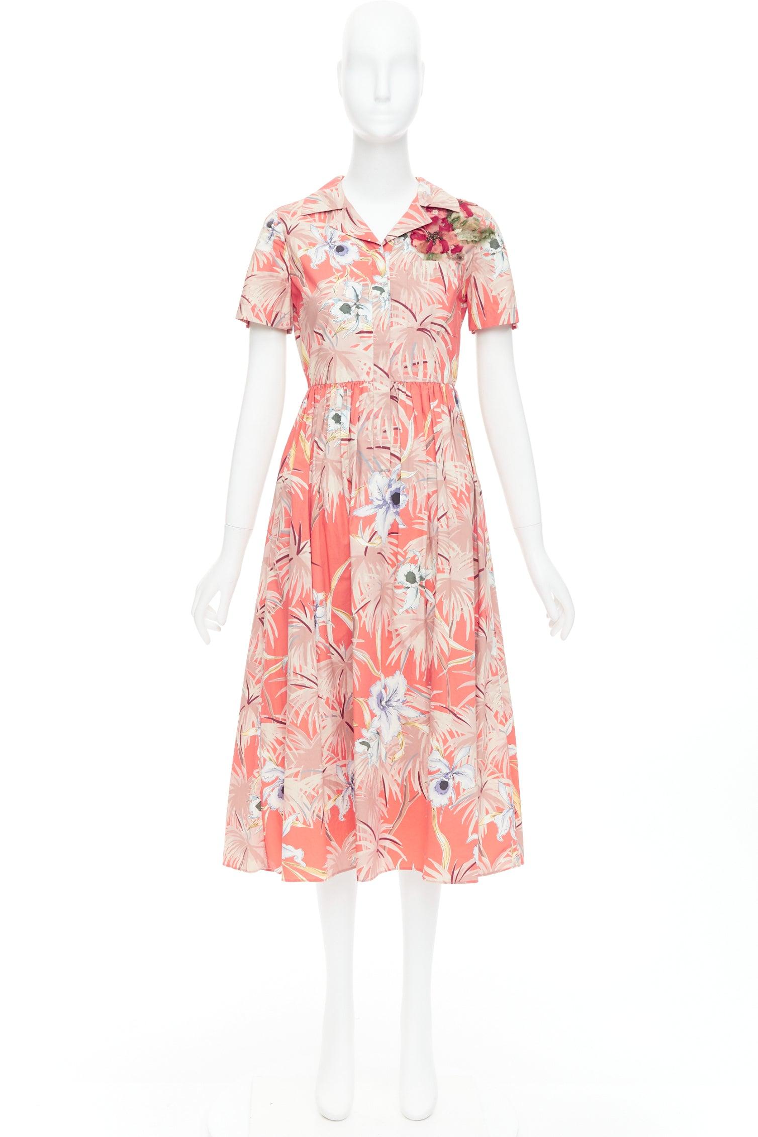 VALENTINO Hawaiian Couture Ruway coral cotton tropical applique shirt dress Sz4 For Sale 5