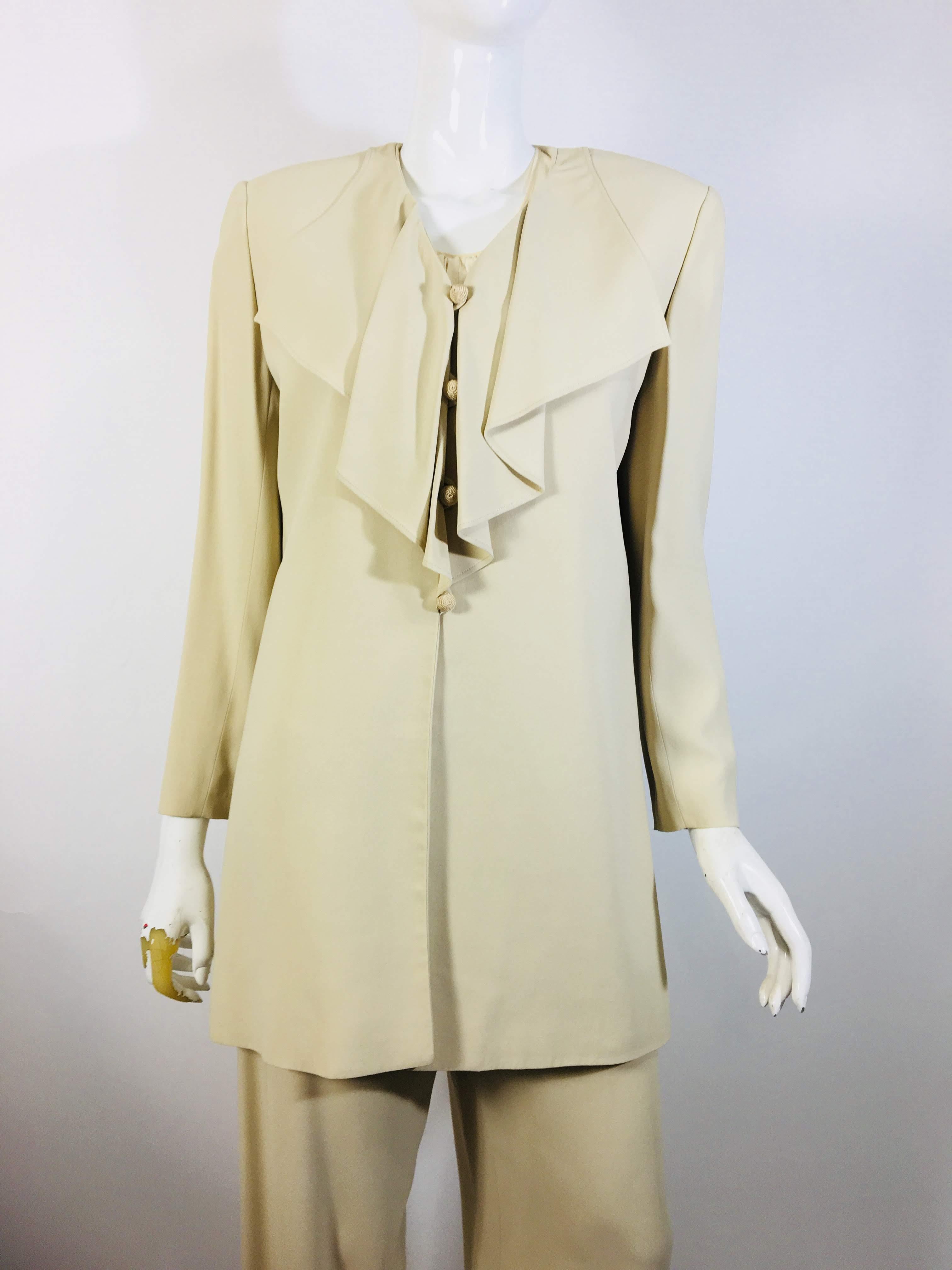 Valentino- Miss V- High Waist Button Front Pant with Draped Neckline and Woven-Button Up Longline Jacket
Tan Acetate/Viscose- 
Made in Italy
Size IT 42/ US 8 