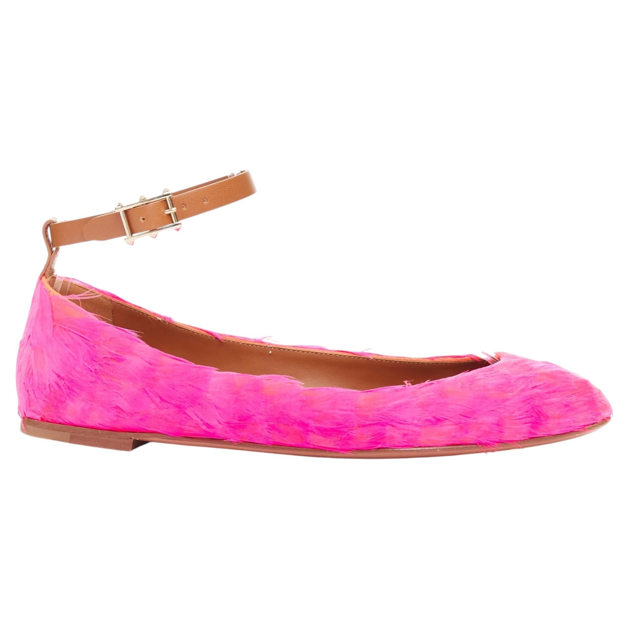 VALENTINO hot fuchsia pink turkey feather leather ankle strap flats EU37 For Sale
