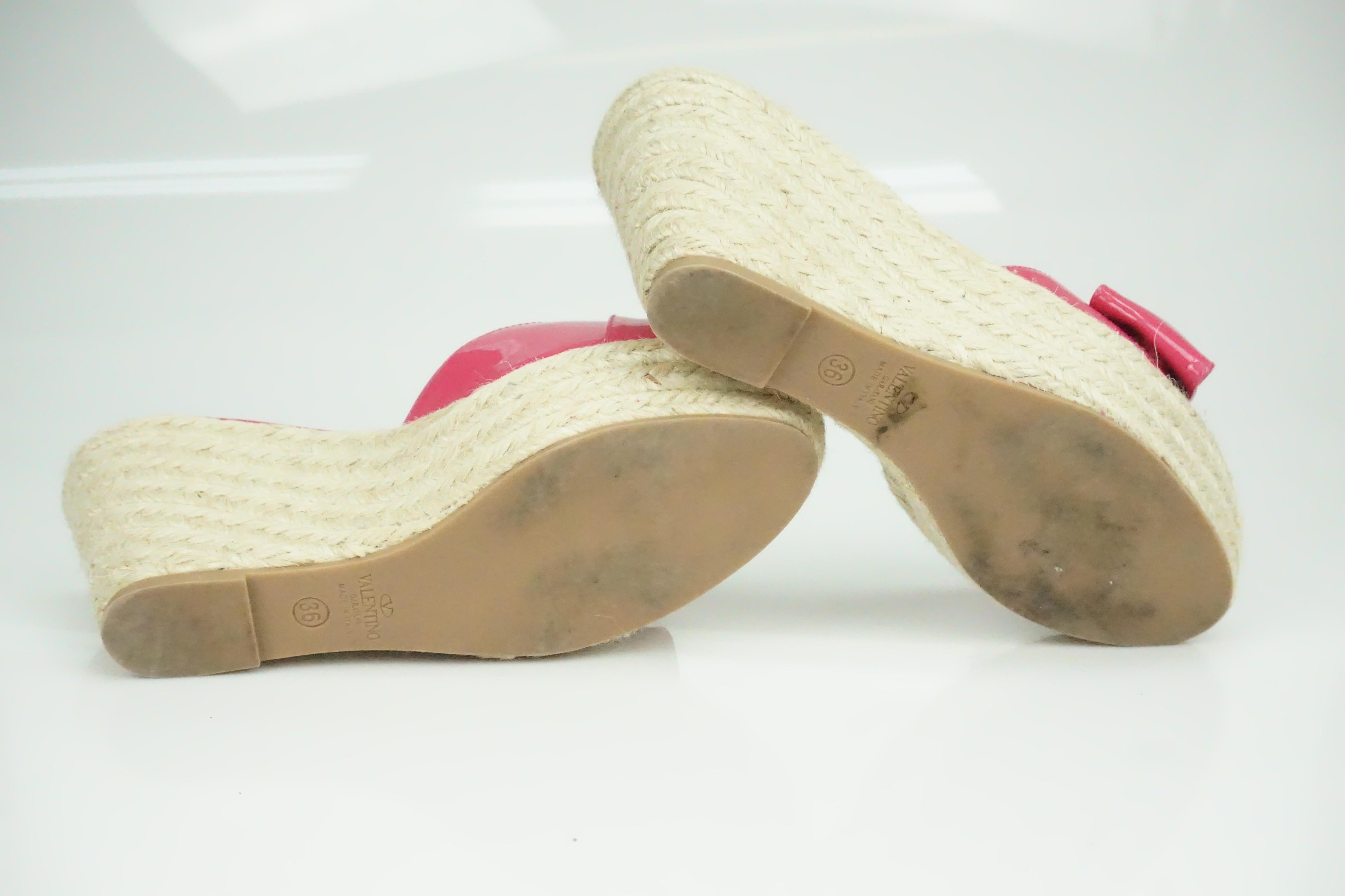 Beige Valentino Hot Pink Patent Espadrille Wedges w/ Bow Detail - 36