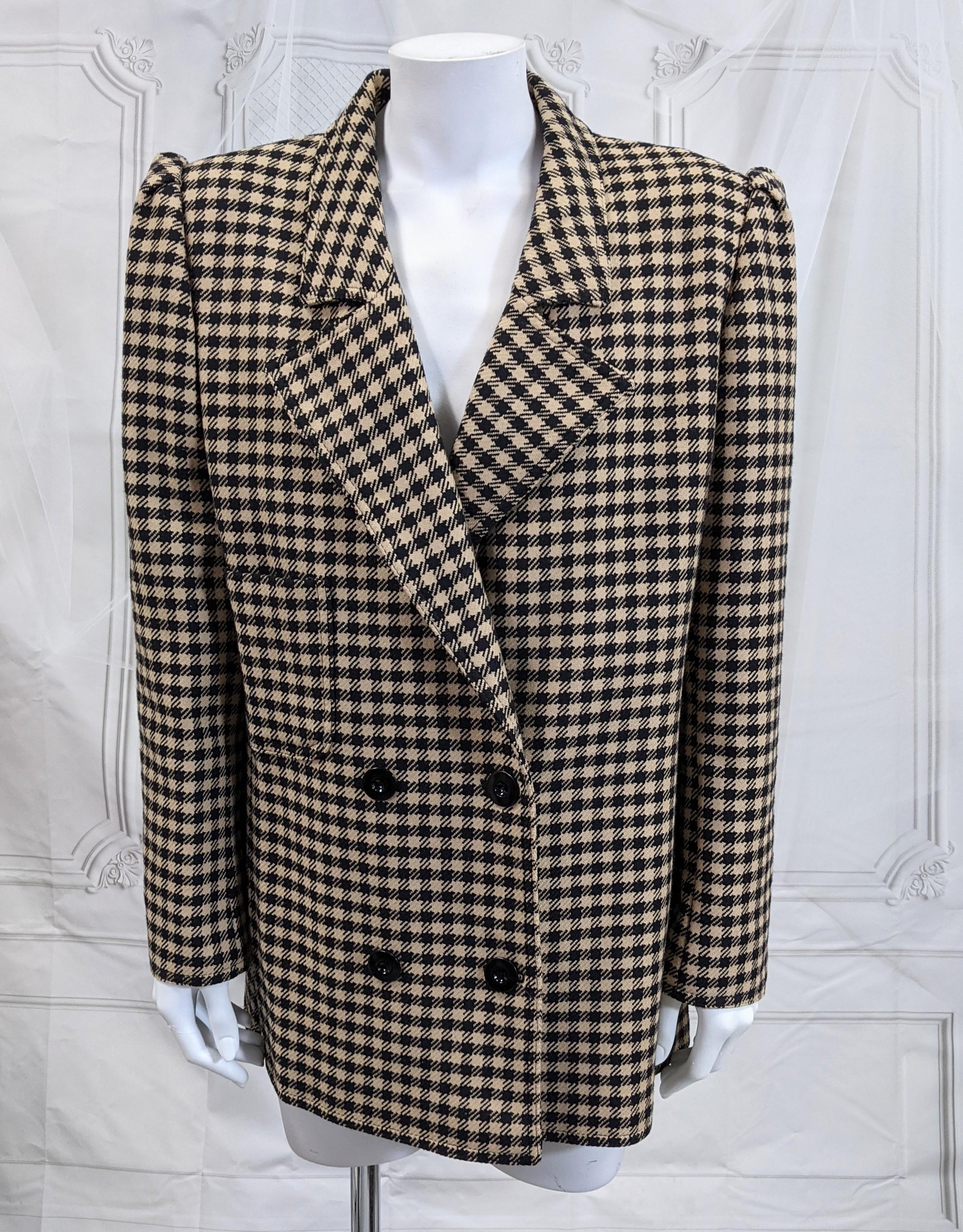Valentino Houndstooth Lambswool Blazer with puff sleeves, double breasted styling with a slim, straight cut and small side slits. A great classic jacket staple in taupey camel and black. The addition of the gathered sleeves and lowered notch collar