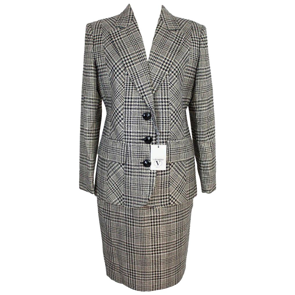 Valentino Houndstooth Gray Wool Check Skirt Suit Dress 1990s NWT Size 10 Us