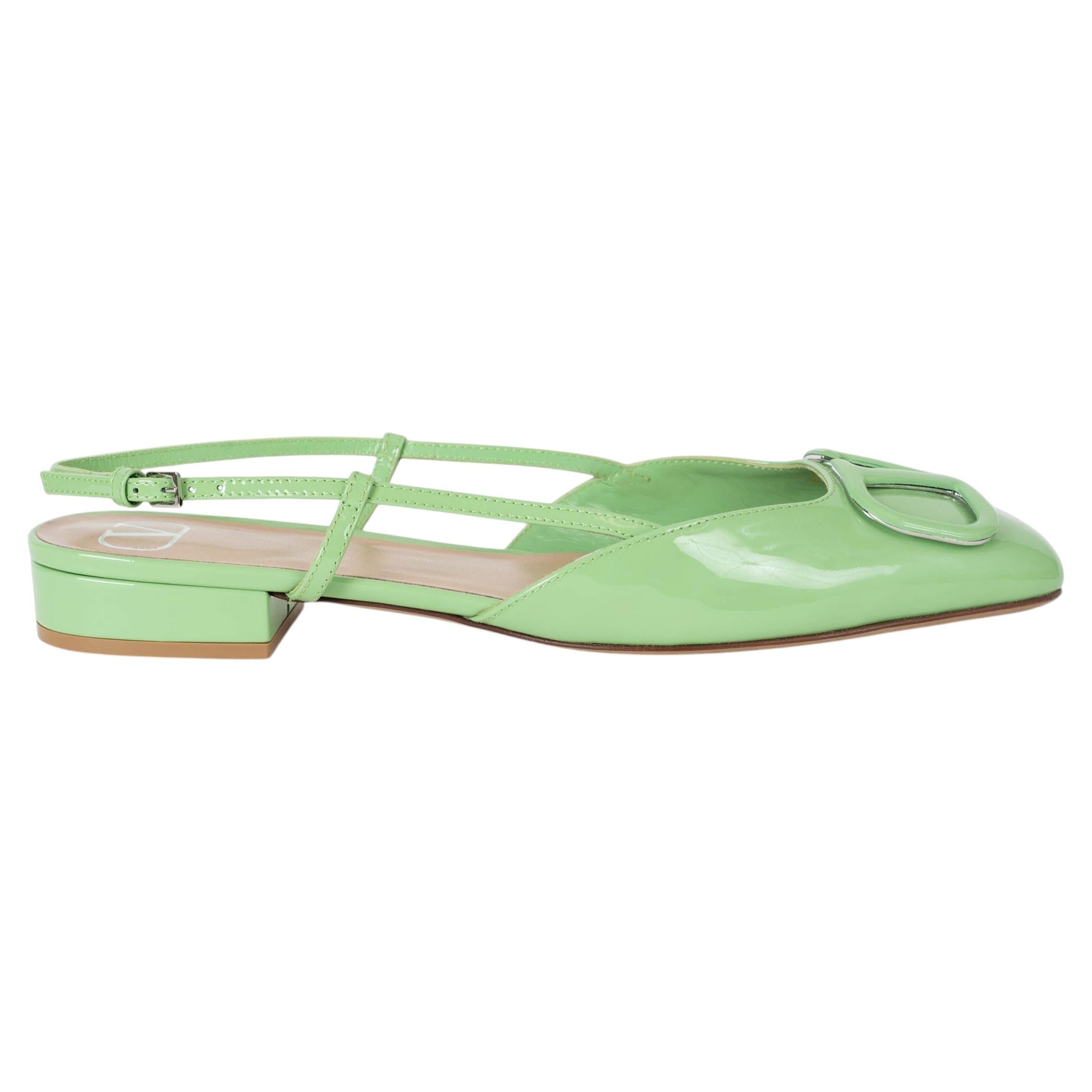VALENTINO Icy Mint green patent leather 2024 VLOGO Slingback Flats Shoes 40 For Sale