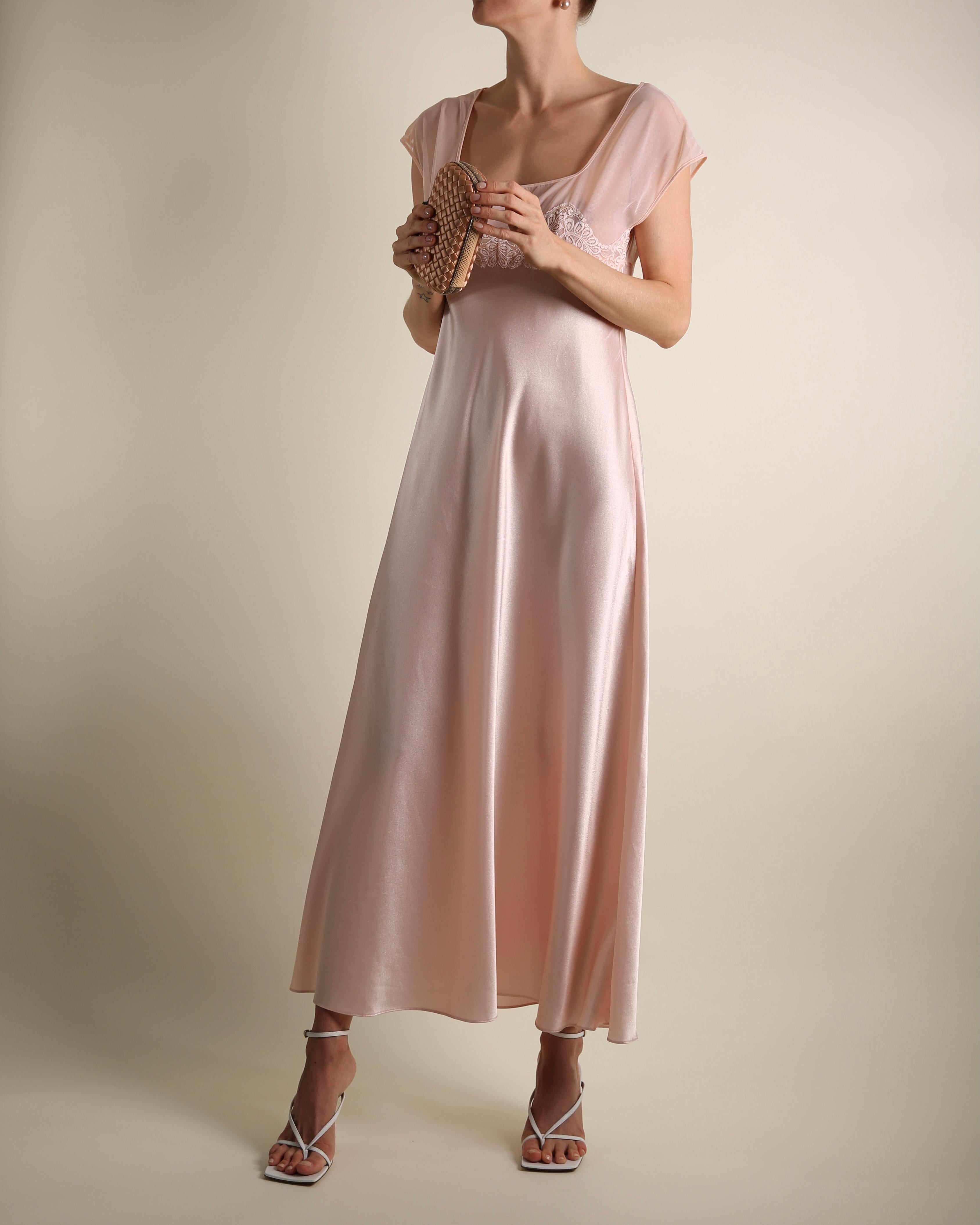 Valentino Intimo vintage pink satin sheer lace slip robe night gown midi dress  2
