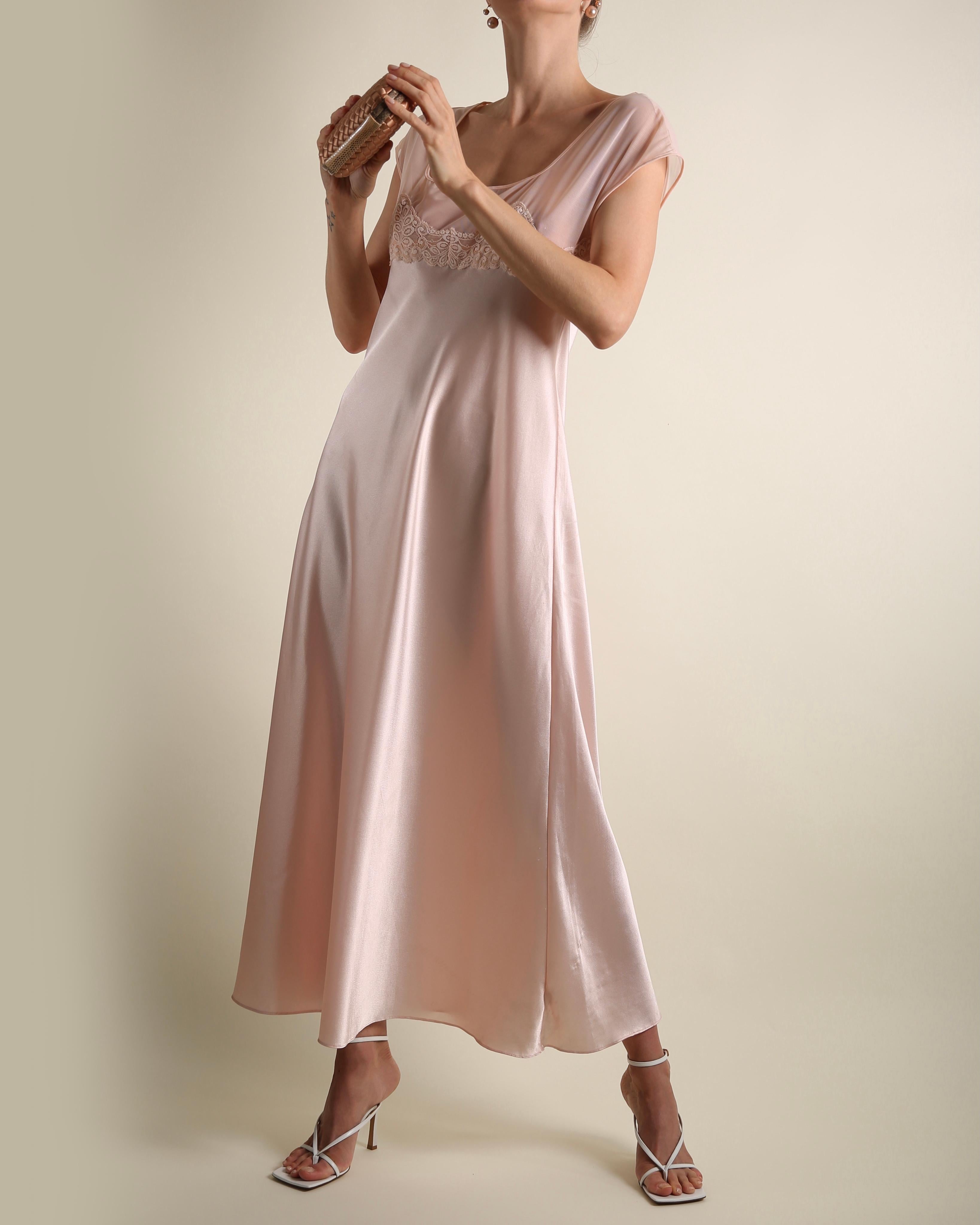 Valentino Intimo vintage pink satin sheer lace slip robe night gown midi dress  1