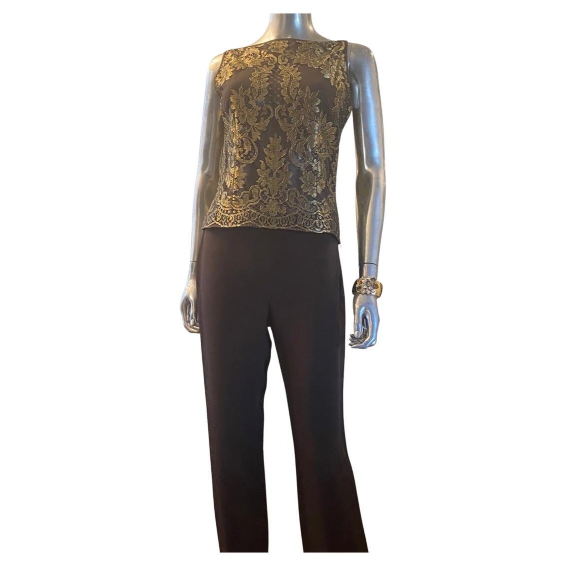 This set was purchased in Valentino Boutique, Milano. Set consists of a metallic real gold embroidery over chocolate lace sleeveless blouse under the Miss V Valentino label. Made in Italy. Marked size 40 Italy and size 6 US. It has a lovely